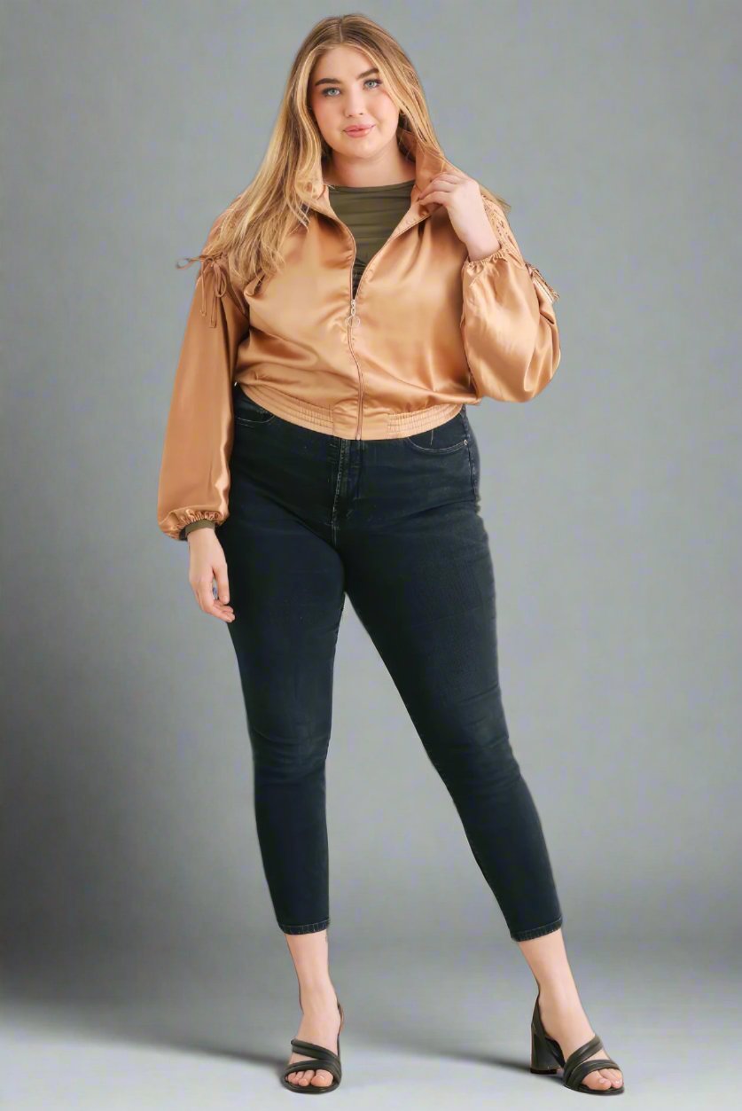 Satin Zip-up Ruched Long Sleeve Cropped Bomber Jacket