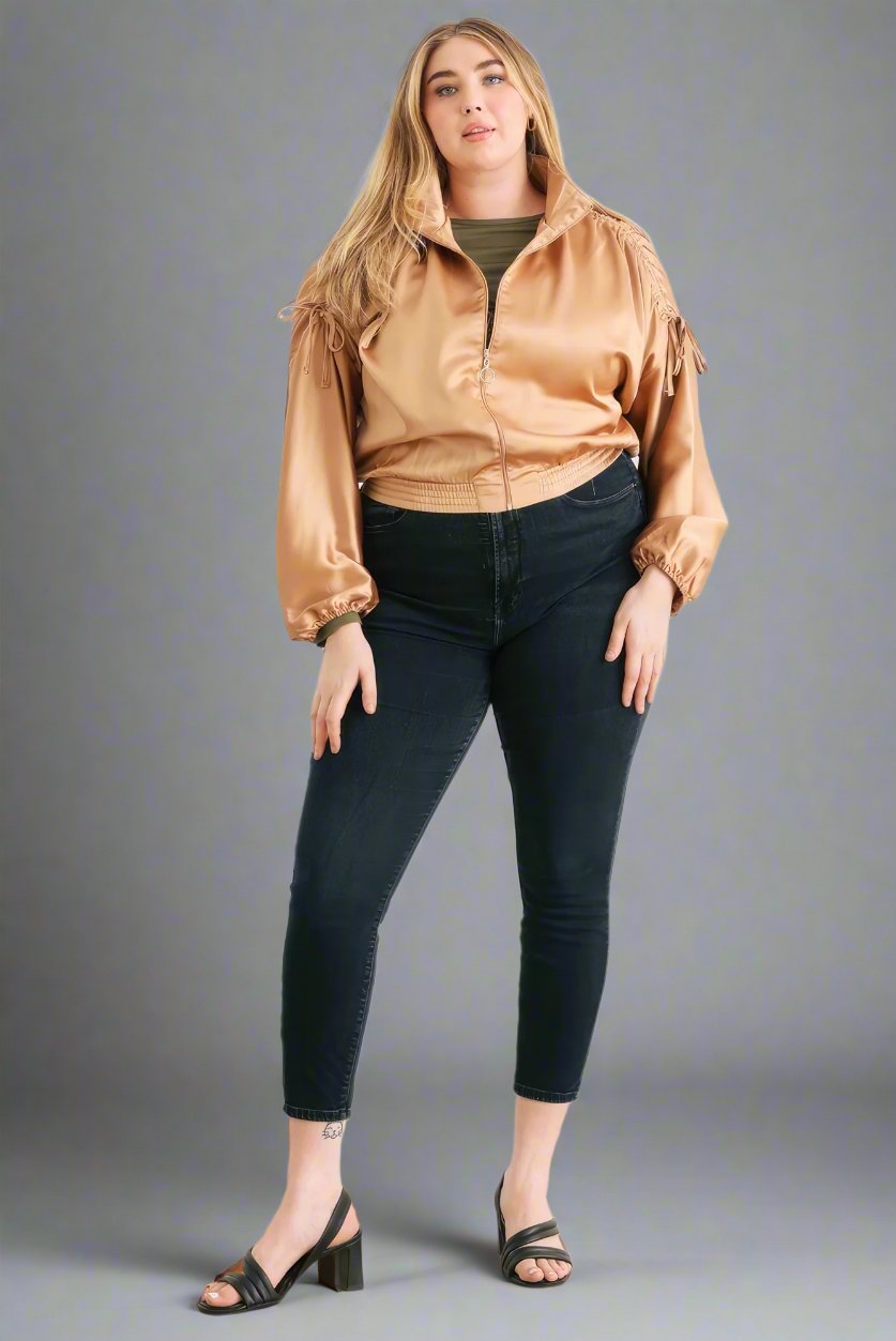 Satin Zip-up Ruched Long Sleeve Cropped Bomber Jacket