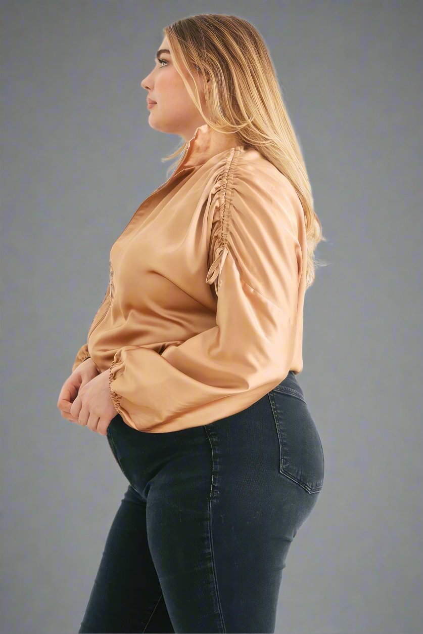 Satin Zip-up Ruched Long Sleeve Cropped Bomber Jacket