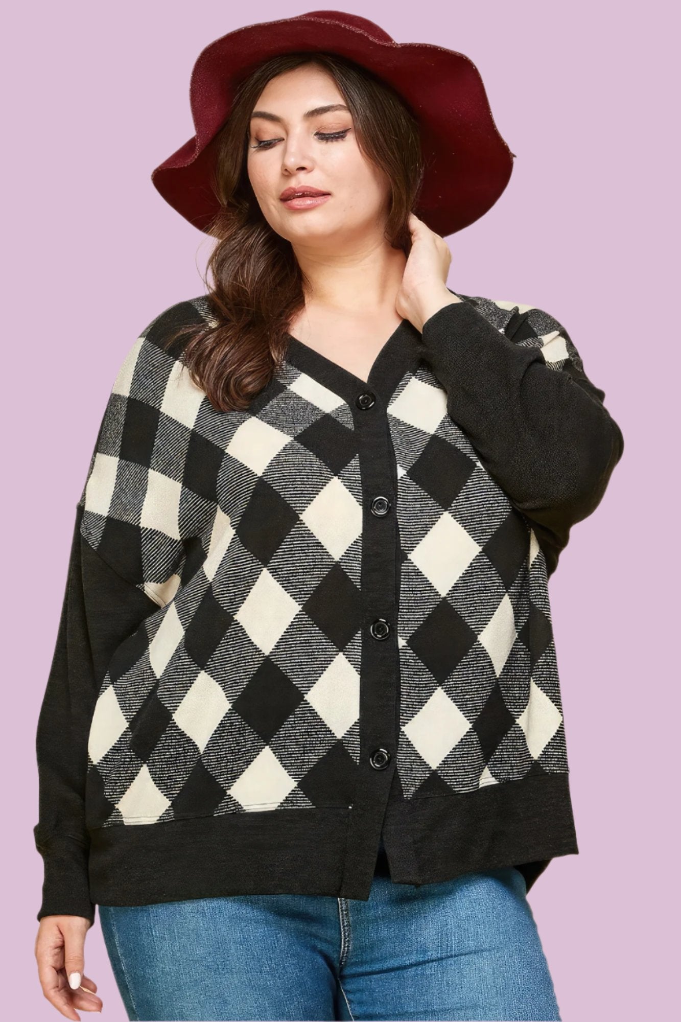 Plus Size Buffalo Plaid Knit Button Up Oversize Cardigan