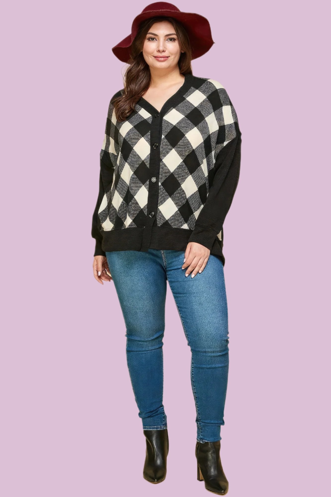 Plus Size Buffalo Plaid Knit Button Up Oversize Cardigan
