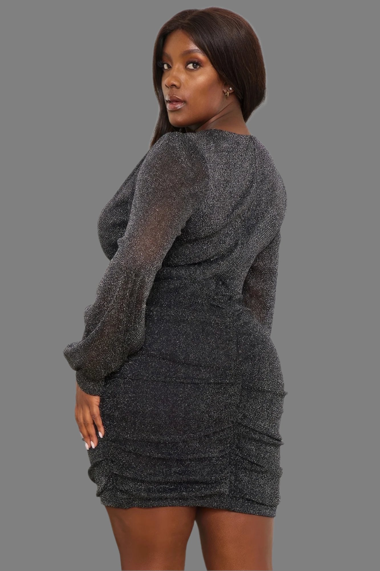 Glitter Mesh Shirring Side Mini Dress